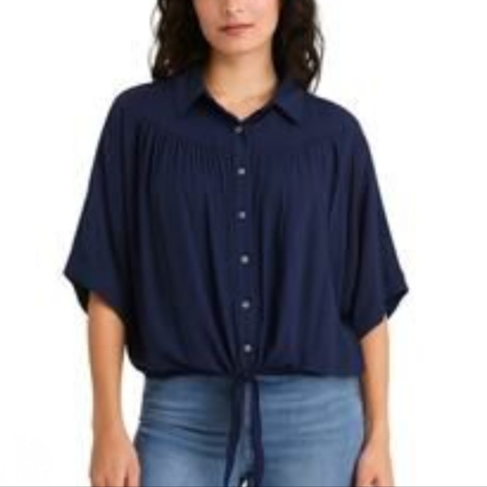 FP Free People Navy Button-up Collar Top Shirt Blouse Tie Waist Dolman Sz S